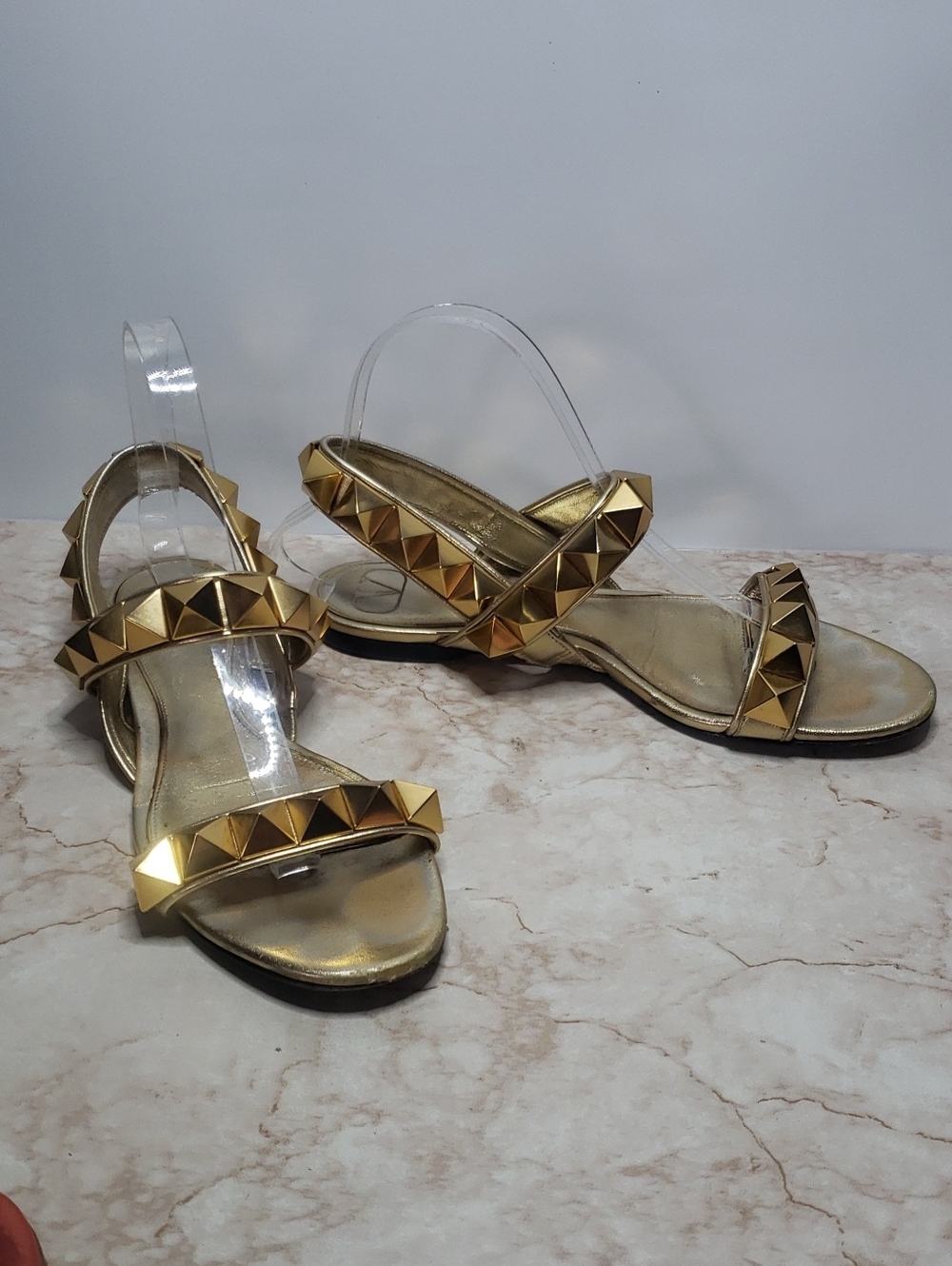 Valentino Garavani Gold Pyramid-Stud Flat Sandals Size 38.5
